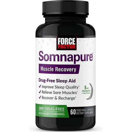 Somnapure Muscle Recovery Sleep Aid for Adults with Melatonin 5mg, Holy Basil, and L-Theanine, Sleep Supplement for Sleep Support, Muscle Soreness Relief, & Muscle Recovery, Force Factor, 60 Capsules