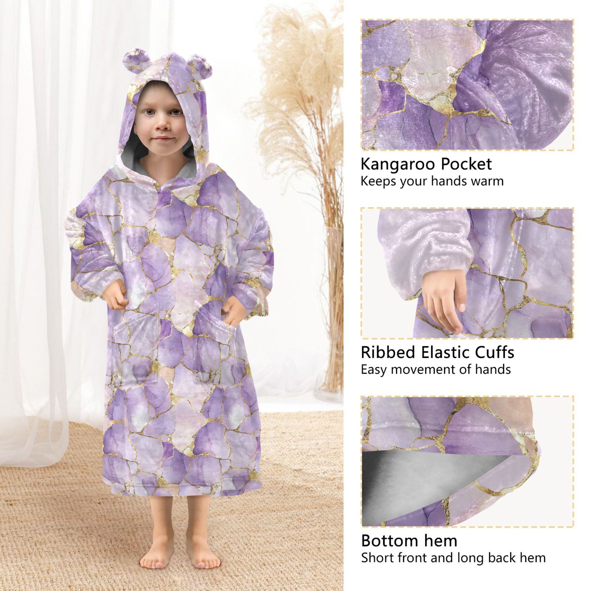 FORMRS Wearable Blanket Hoodie with Sleeves for Kids Cozy Flannel Sweatshirt, Pastel Purple Marble Pattern