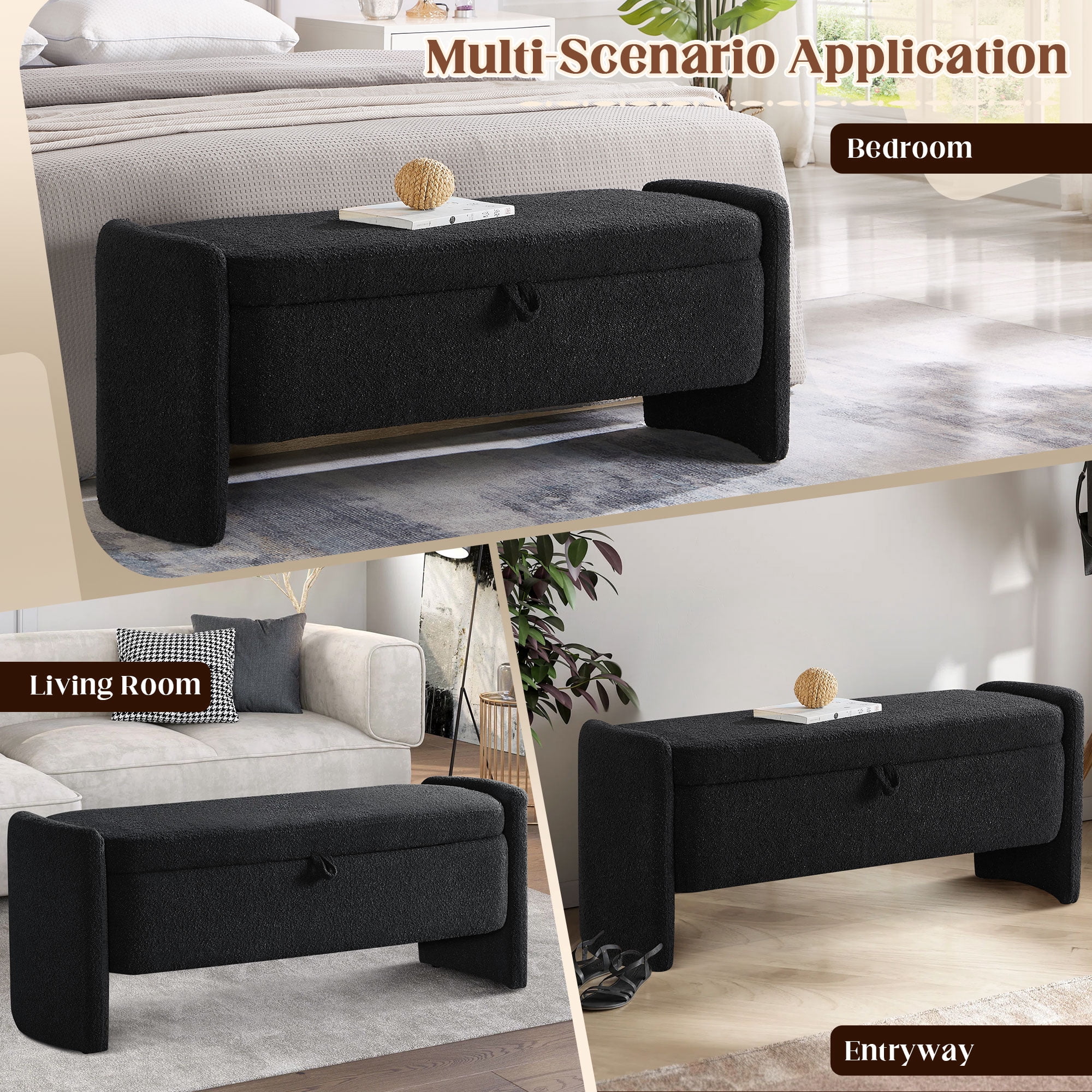 Lunale 41.73" End of Bed Storage Bench, Teddy Upholstered Storage Ottoman Benches for Bedroom, Black