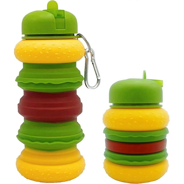 20oz Collapsible Silicone Water Bottle Hamburger Style - Reuseable Water Bottles for Sports Gym Travel Essentials Camping Hiking Lightweight