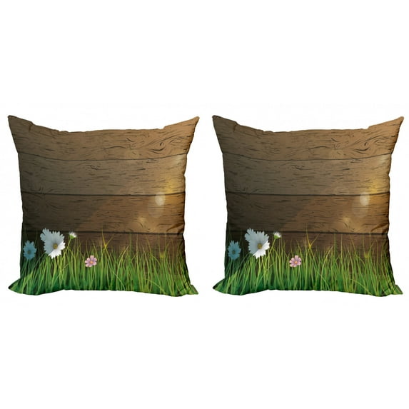 Ambesonne Flower Throw Pillow Cover 2 Pack, Chamomile Field Grass, 20", Green Brown
