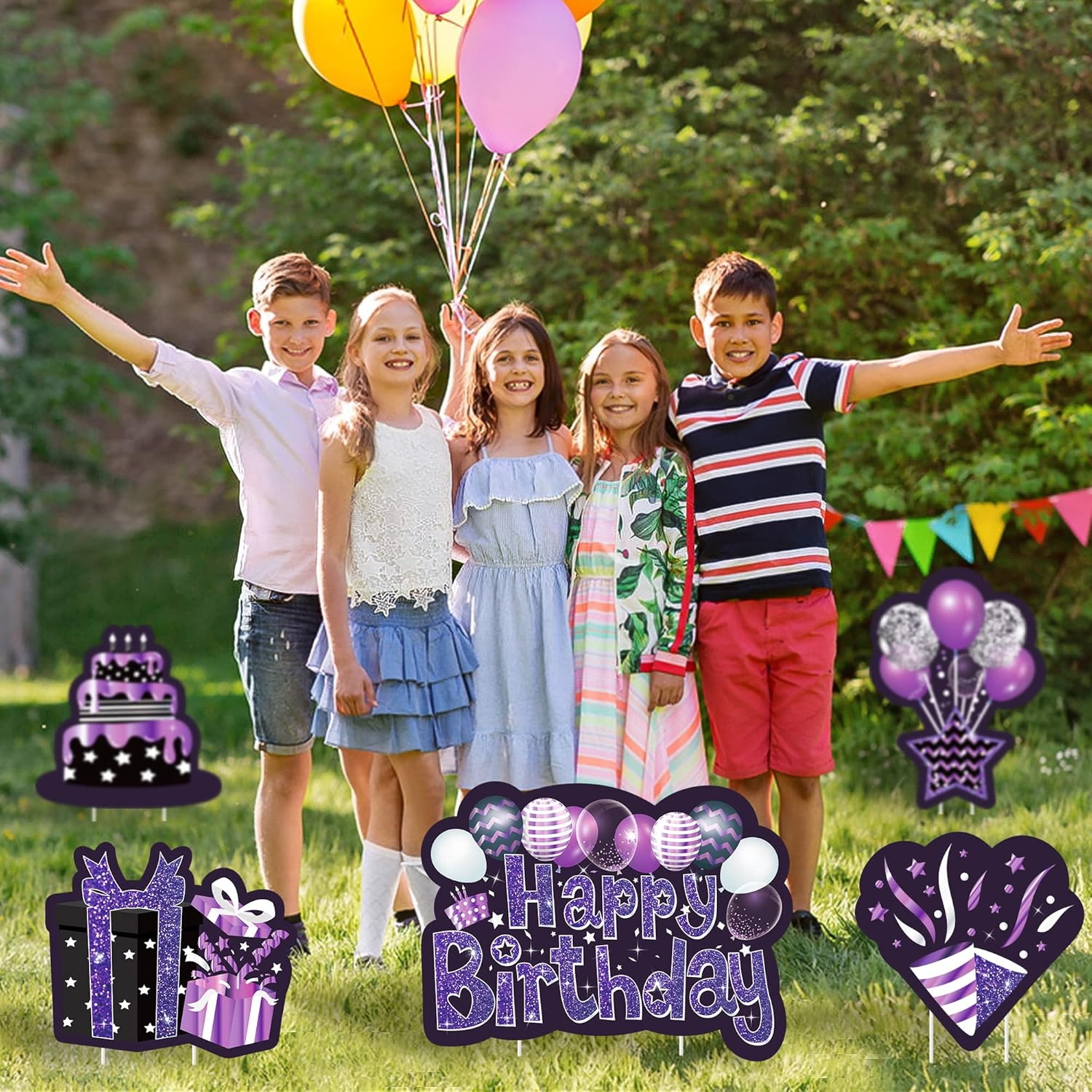 Black Purple Happy Birthday Yard Signs with Stakes,Glittery Lawn Sign for Birthday Party Decoration,5pcs
