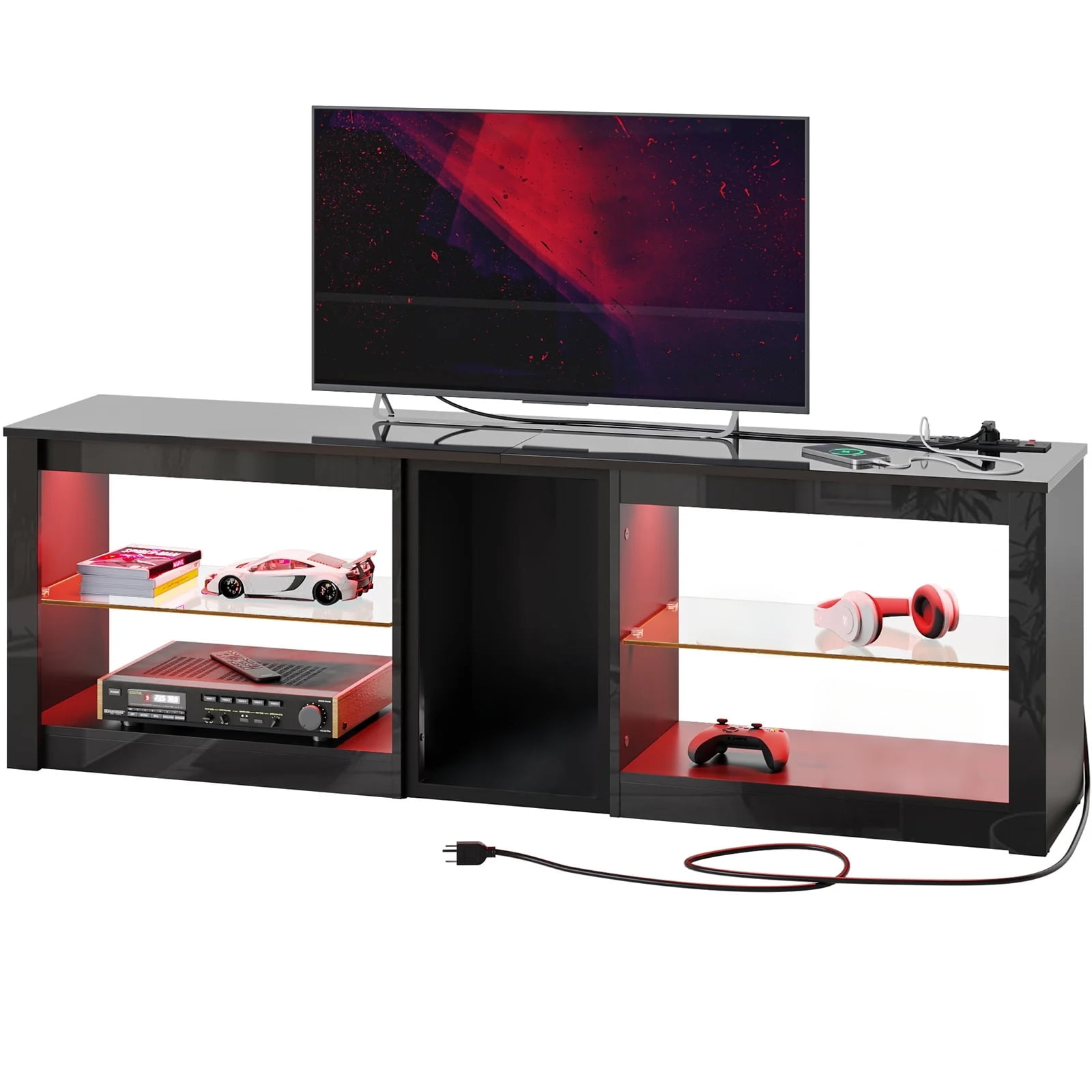 Bestier TV Stand for 70 inch TV with Power Outlets, High Gloss Entertainment Center with LED Lights & Glass Shelves, Glossy Black