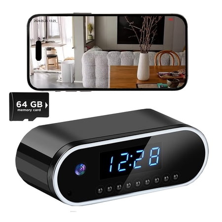 1080P HD WiFi Alarm Clock Camera with Motion Detection, Night Vision, Two-Way Audio, 64GB Storage, Battery/USB Powered for Baby/Pet Monitor & Indoor Security