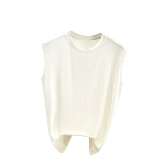 Giftesty Womens Tanks Clearance Women's Solid Color Round Neck Sleeveless Thin Oversized Base Shirt Casual Versatile Solid Color Women's Top Round Neck White M