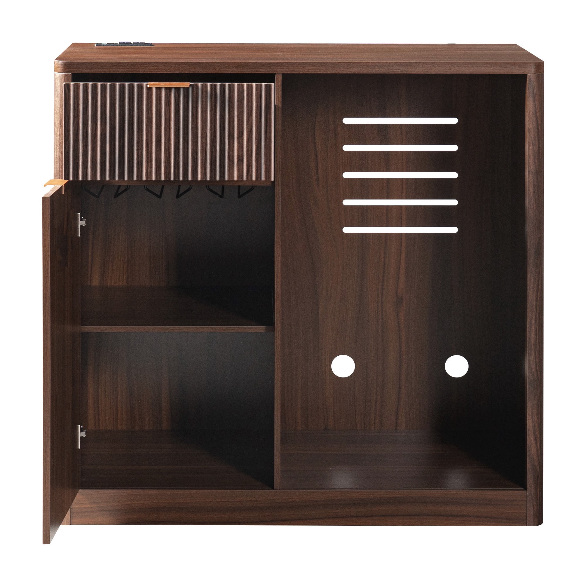 Euroco 39.4" Coffee Bar Cabinet with Mini Fridge Space,Fluted Sideboard Buffet & Liquor Cabinet with Charging Station and Wine Glass Holder for Living Room Kitchen,Walnut Brown