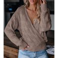 thumbnail image 2 of Women V Neck Hollow Out Crochet Knit Sweater Long Sleeve Loose Sweater Pure Color Pullover Sweater Khaki XL, 2 of 5