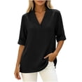 thumbnail image 2 of Women's Summer Shirts Casual Loose V-Neck Fixed Roll Cuff Short Sleeve Solid Color Blouses Lightweight cotton Linen Curved Hem Short Tops for Office Daily Wear, 2 of 7