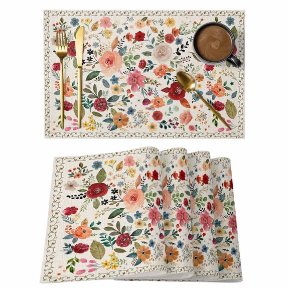 Watercolor Flowers Placemats Set of 12, Rustic Spring Floral Botanical Beige Placemats for Dining Table, Place Mats for Kitchen Tabletop, Waterproof Wipeable Dining Table Mats Set
