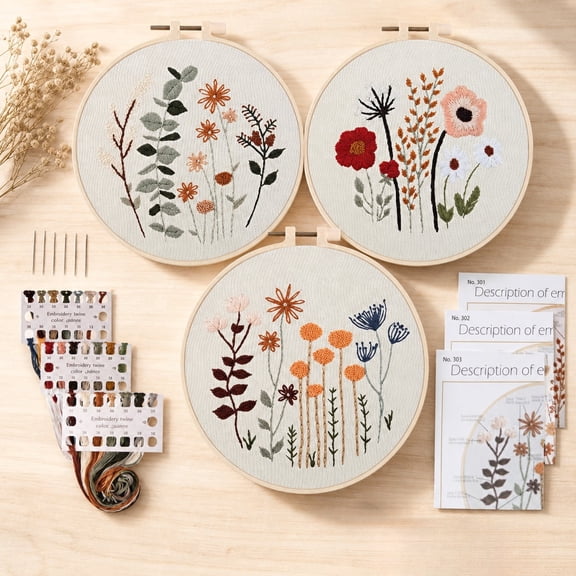3 Pack Embroidery Starter Kit for Beginners – Stamped Cross Stitch Patterns with Flowers and Plants, Includes 1 Hoop and Threads