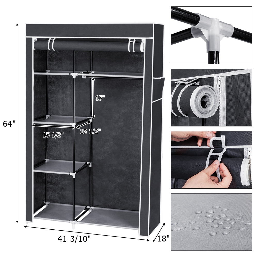 64" Portable Closet Storage Organizer Wardrobe Clothes Rack with Shelves, Gray