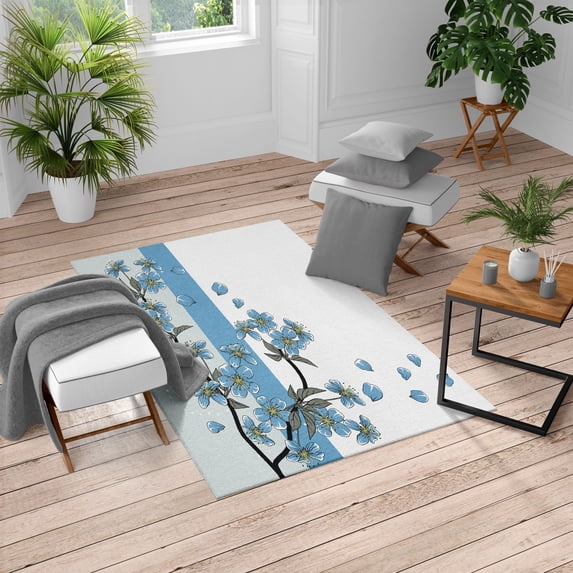Japanese Turkish Area Rug, Romantic Sakura Blooms Flowers Petals Spring Wind Eastern Nature Theme, Soft Carpet for Living Room Decor with Distressed Look, 5.2' X 7.6', Sky Blue, by Ambesonne