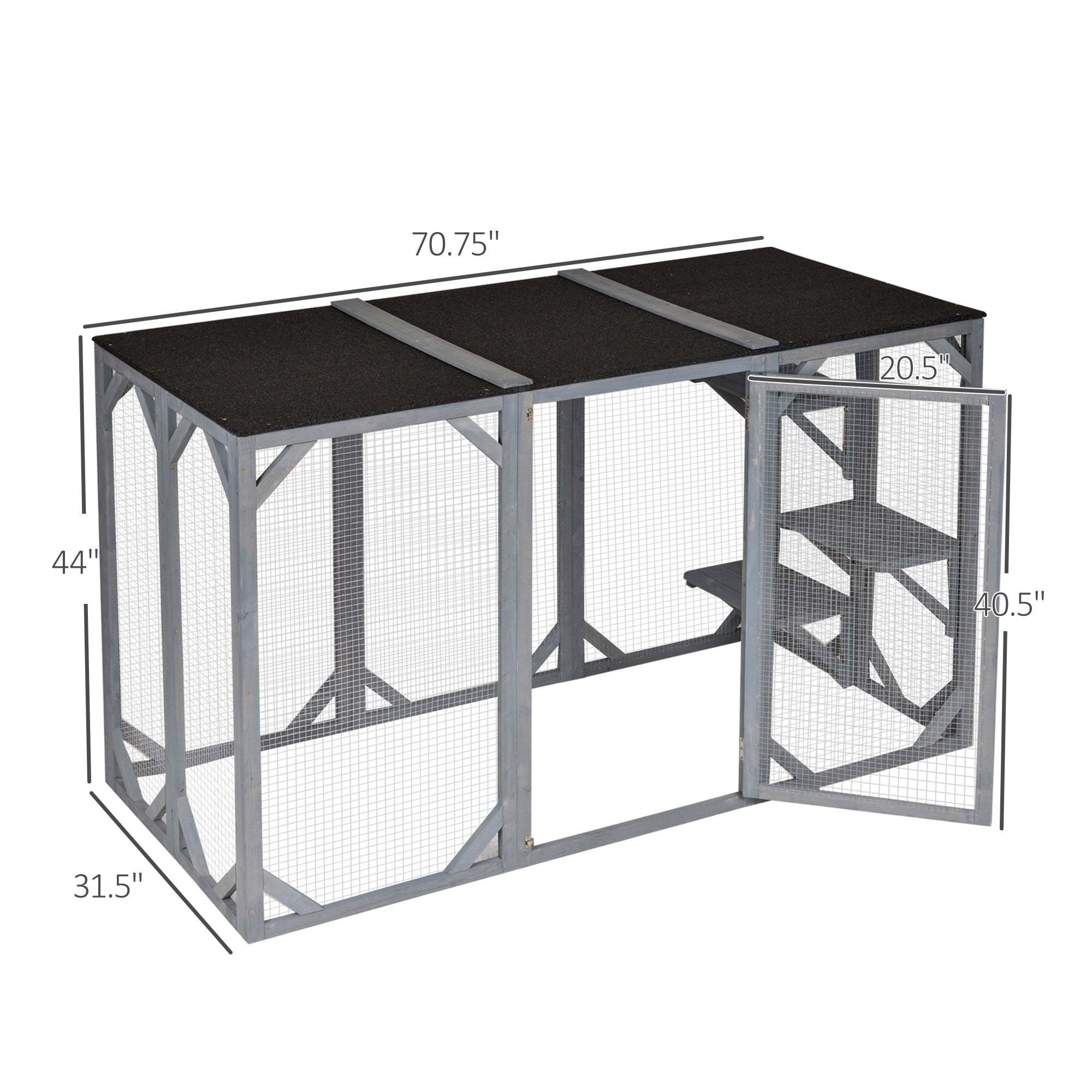 PawHut Outdoor Cat House, Catio Wooden Feral Cat Shelter, Cat Cage with Platforms, Large Enter Door, Weather Protection Asphalt Roof, 71" L, Gray