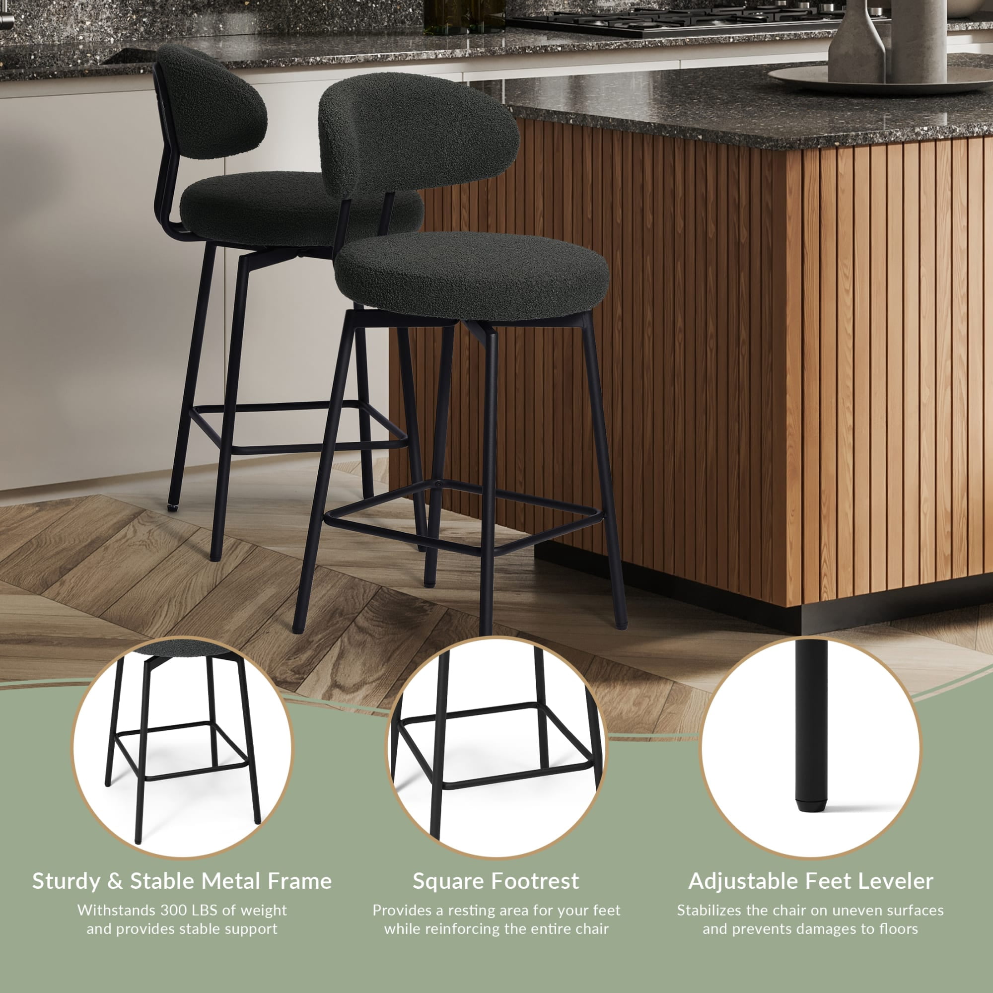 WestinTrends Alexandria Modern Upholstered Sherpa Fabric Counter Height Bar Stools with Back (Set of 2), Charcoal Gray