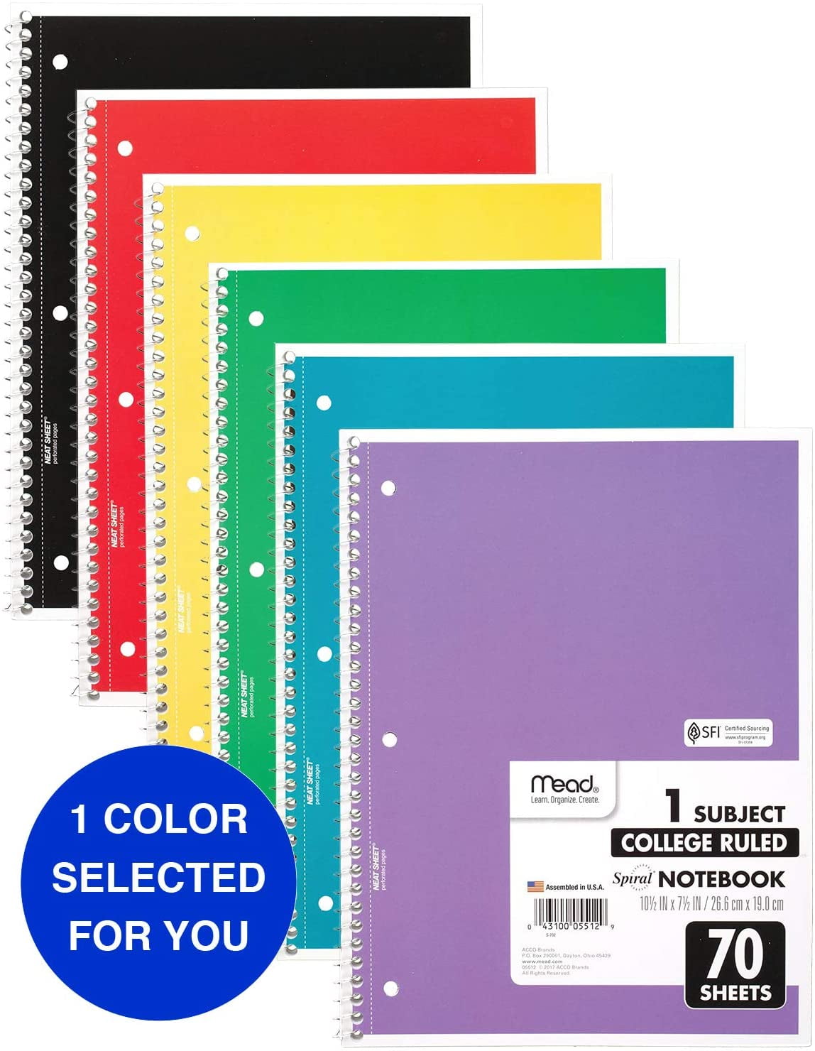Mead Spiral Notebook, College Ruled, 1 Subject, 70 Sheets, 10.5 x 7.5