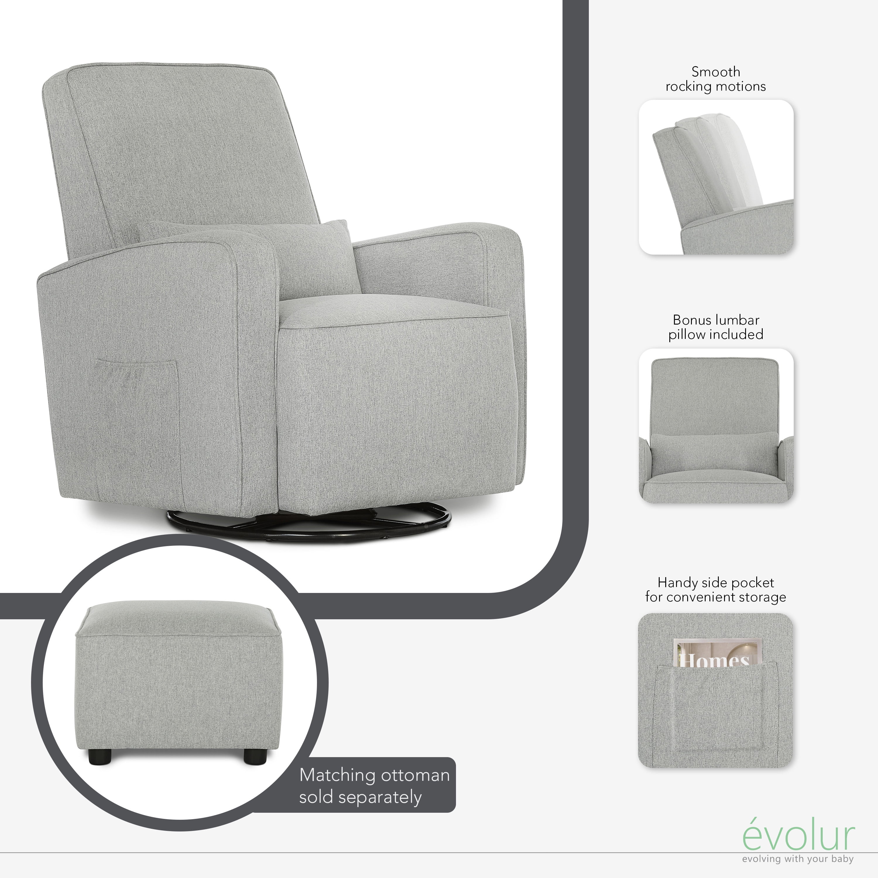 Evolur Holland Upholstered Swivel Glider | Rocker I Included Lumbar Pillow I Modern Design, Harbor