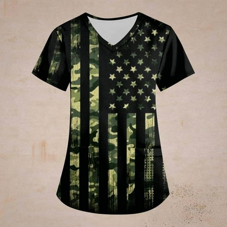 

Sksloeg Uniform Tops for Women Scrubs 4th Of July American Flag Print Short Sleeve V-Neck Lightweight Easy Fit Shirts Tee Tops with Pockets Yellow XL