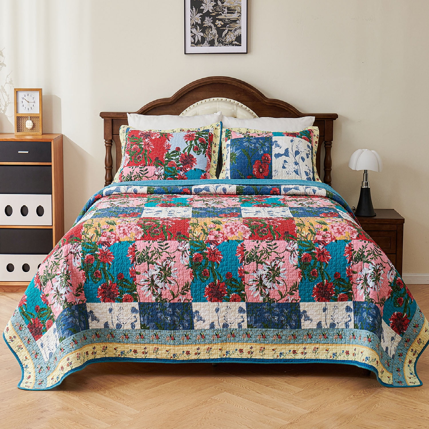 Evenhug Quilts 2-Piece Square Multi-Color Floral Patchwork Twin Quilt Set With Sham