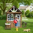 thumbnail image 6 of Syngar Outdoor Playhouses, Large Wooden Kids Playhouse w/Play Kitchen/Snack Bar/Camping Bench, Outside Play House w/Flowerpot Holders/Doorbell/Toy Phone/Welcome Sign/Dog Hole/for Toddlers & Girl Boy, 6 of 7