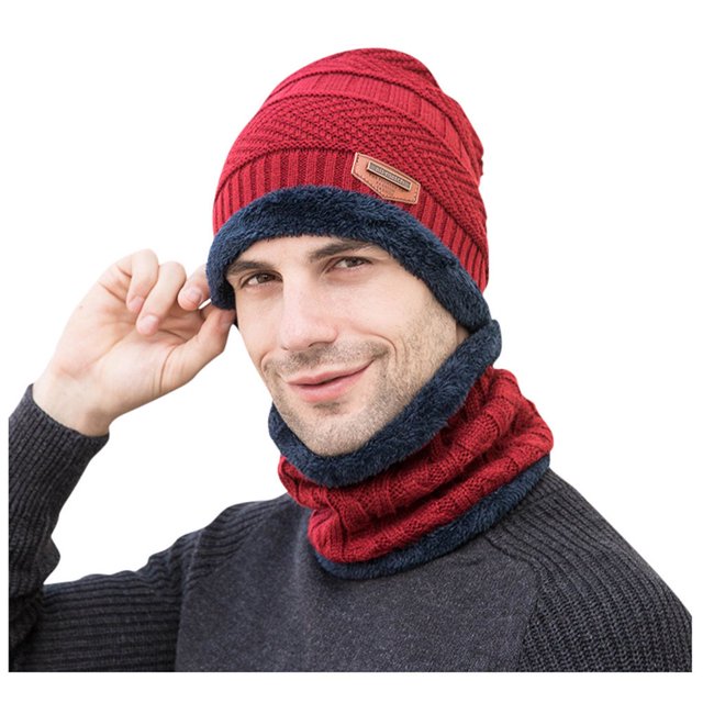 Men‘S Winter Hat Cap Collar Set Plus Velvet Thick Knit Hat And Muffler