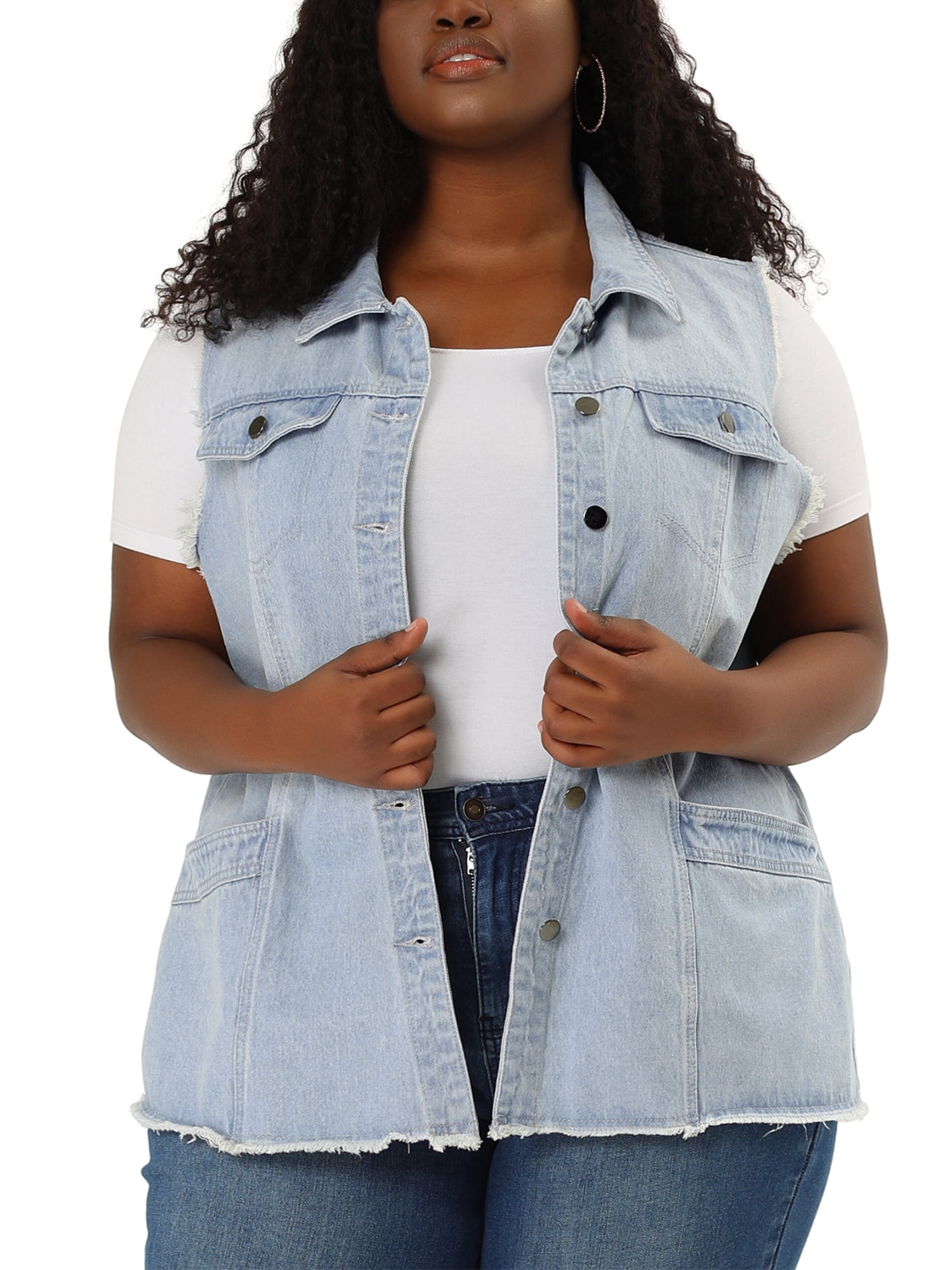 Agnes Orinda Plus Size Button Down Raw-Hem Sleeveless Denim Jacket - Walmart.com