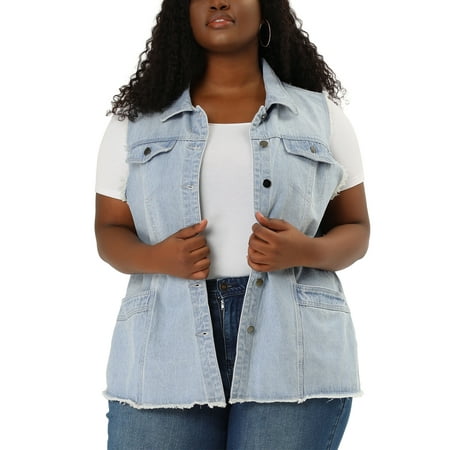 MODA NOVA Juniors Plus Size Button Down Raw-Hem Sleeveless Denim Jacket 3X Sky Blue