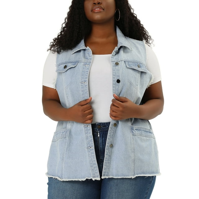 GRACE & GRANDEUR Gilet en Denim à Ourlet Brut pour Femmes Grande Taille avec Poches à Rabat