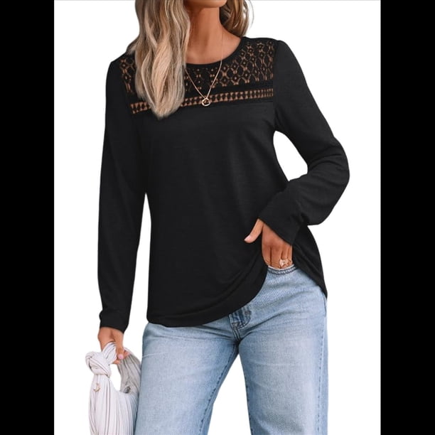 Blusas de Larga para Mujer, Blusas Elegantes e Informales, Camisetas de Encaje para Negocios, Moda de Otoño 2025. Negro XL