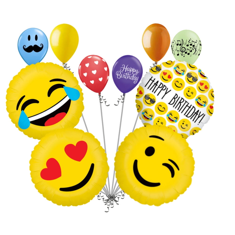 10 pc Emoji Happy Birthday Balloon Bouquet Party Decoration Wink Joy