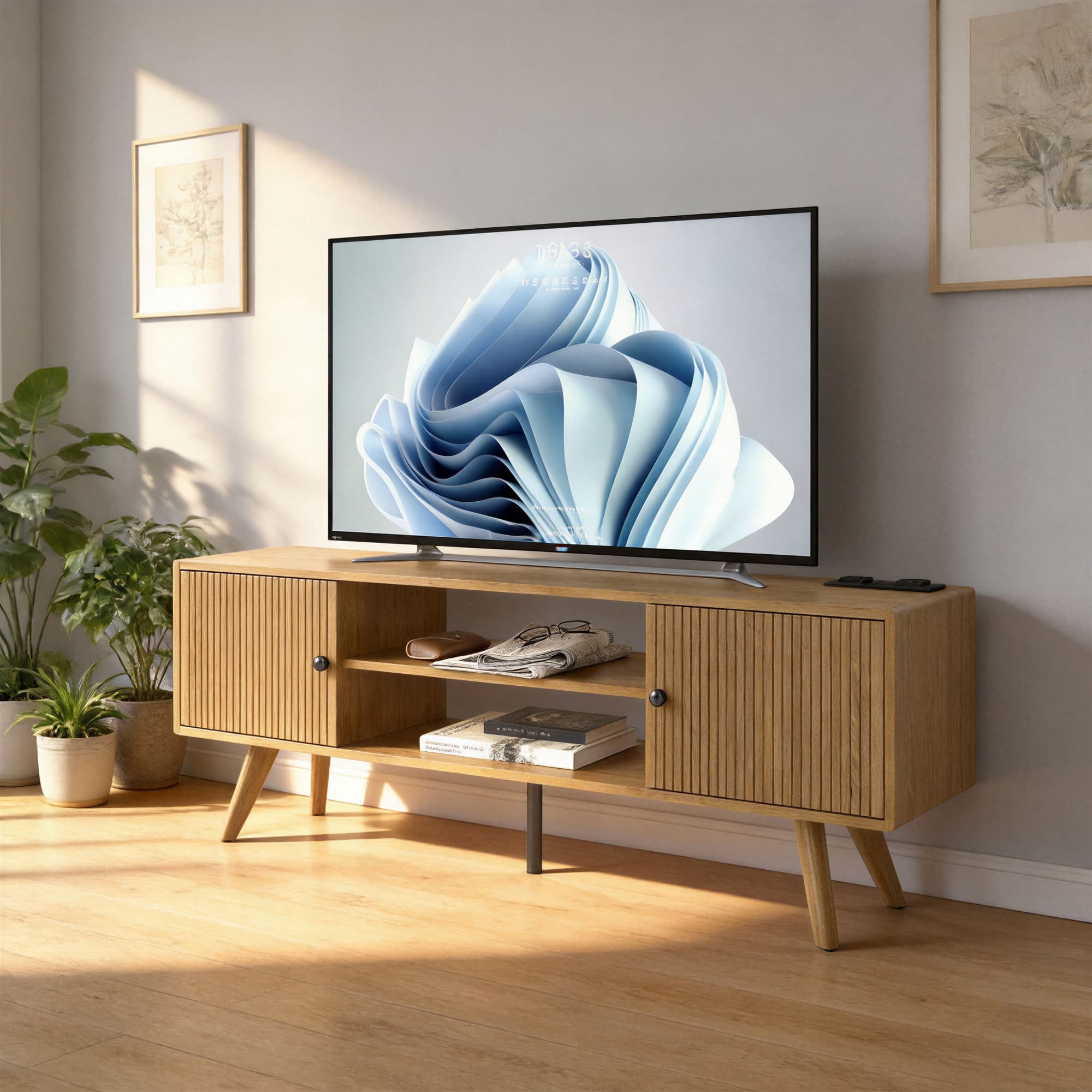 Manxile Mid Century Modern TV Console for Living Room Bedroom, Wood Entertainment Center with Storage and Shelves, Natural