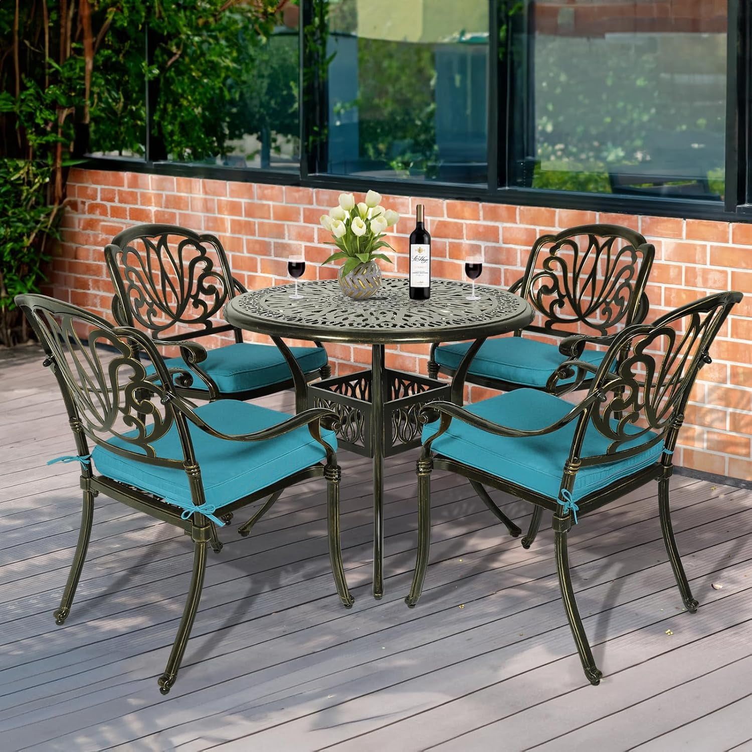MEETWARM 5 Piece Outdoor Furniture Patio Dining Set, All-Weather Cast Aluminum Patio Table and Chairs Set- 4 Cushioned Chairs, 1 Round Dining Table with Umbrella Hole for Backyard, Ocean Blue
