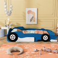 thumbnail image 2 of Race Car-Shaped Bed with Wheel for Kids Toddlers, Solid Wood Platform Bed with Storage Shelf, Full Size Floor Bed Frame for Boys Girls Bedroom, No Box Spring Needed, Blue, 2 of 7