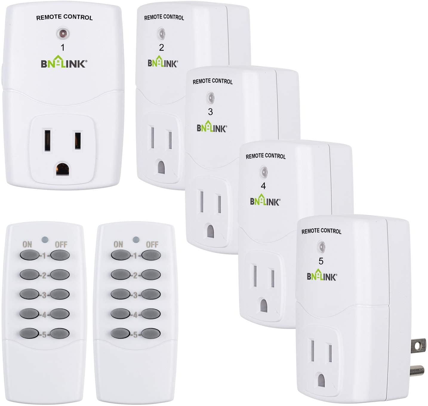 BN-LINK Wireless Remote Control Outlet Switch for Household Appliances, Wireless Remote Light Switch, LED Light Bulbs, White (2 Remotes + 5 Outlets) 1250W/10A