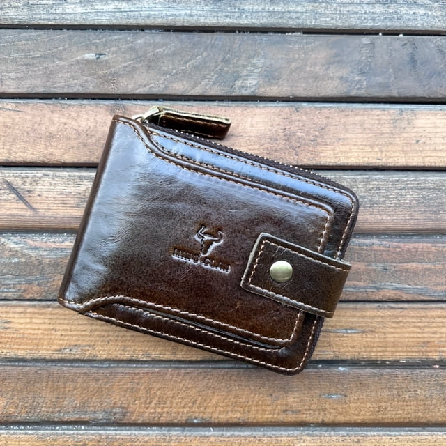 Genuine Leather Zipper Wallet For Men - RFID Blocking Large Capacity Credit Card Holder Holder Wallet, Business Style, Solid Color