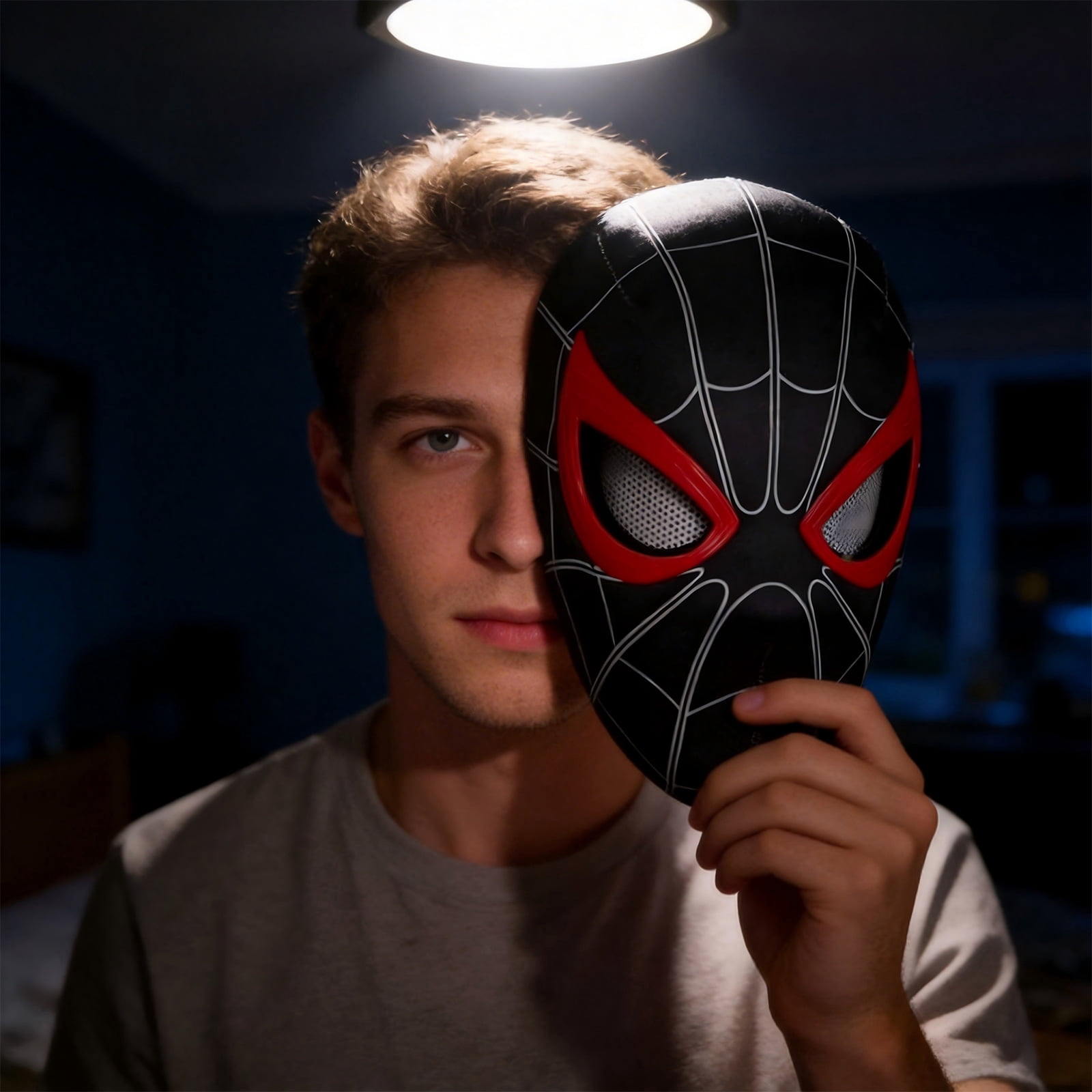 Spider Superhero Mask Blinking Eyes Remote Chin Control Full Head Helmet Gift Box Halloween Costume Photo Video Outfit Props Accent