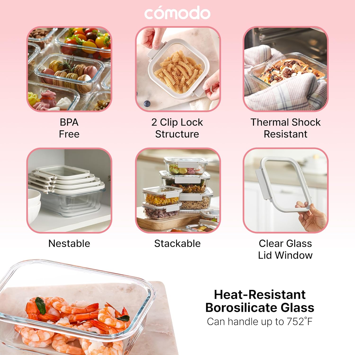 Neoflam 12-Piece Glass Food Storage Containers with Lids – Airtight Stackable Meal Prep Set – BPA-Free, Microwave Oven Air Fryer Freezer Safe