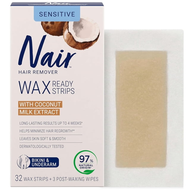 Nair Wax Ready Strips for Bikini & Underarm with Coconut Milk Oil, for Sensitive Skin, 32 Strips + 3 Finishing Wipes, Packaging May Vary