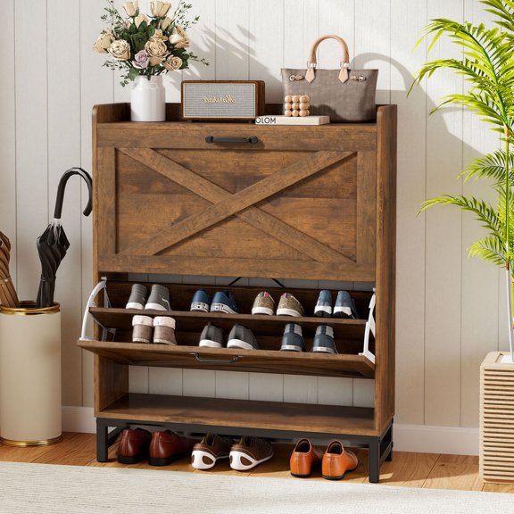 S-HOME Miereirl Rustic Farmhouse Shoe Cabinet with 2 Flip Drawers, Holds 8-12Pairs, Narrow Entryway Storage with Top Shelf