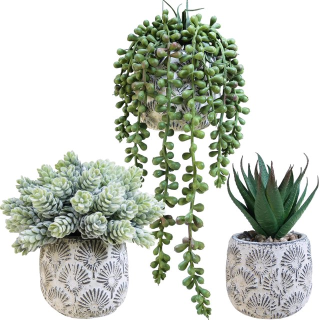Set of 3 Artificial Potted Succulent Plants Faux Aloe Hops String of Pearls in Rustic Concrete Planter Small Fake Desk Plants for Farmhouse Desk Kitchen Bathroom Shelf Windowsill Greenery Decor
