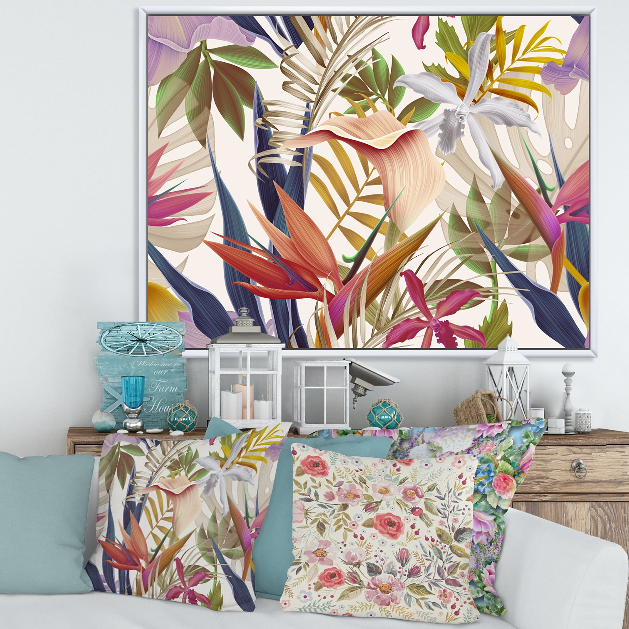 VIntage Tropical Flowers VIII 40 in x 30 in Framed Painting Canvas Art Print, by Designart