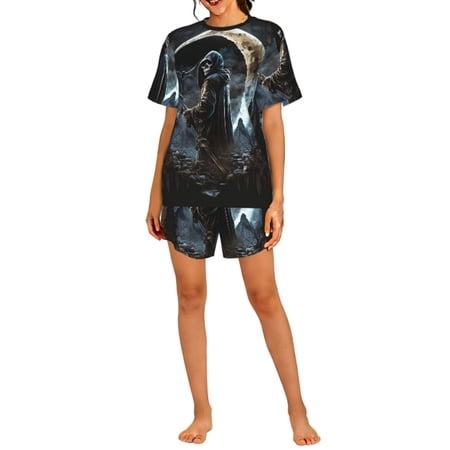 Pajamas Set Crew Neck Loungewear Sleepwear Short Sleeve Top Shorts Pj Sets Cool Grim Reaper Night Skull Moon