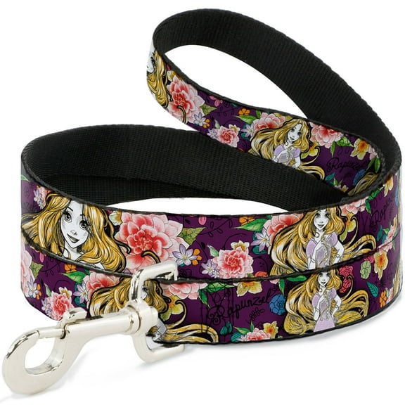 Disney Pet Leash, Dog Leash, Rapunzel Poses Floral Collage Sketch Purple, 4 Feet Long 1.0 Inch Wide