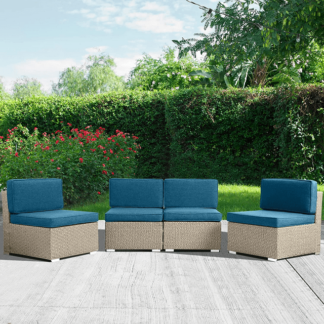 KIGOTY 4-Pieces Rattan Wicker Chairs Set of 4 Patio Chairs All Weather Dinning Chair Garden Chair with Thick Cushions, Peacock Blue