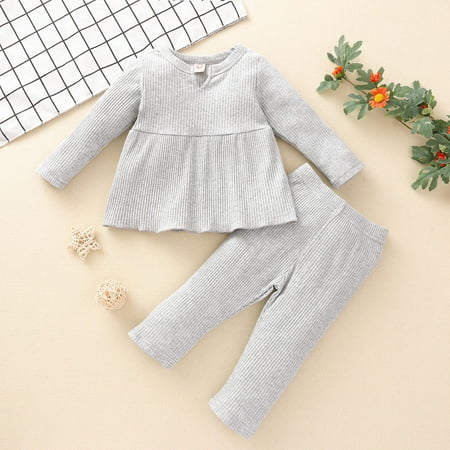 

BadyminCSL Toddler Baby Girls Ruffle Long Sleeve Solid Knit Tops + Pants Set Outfits