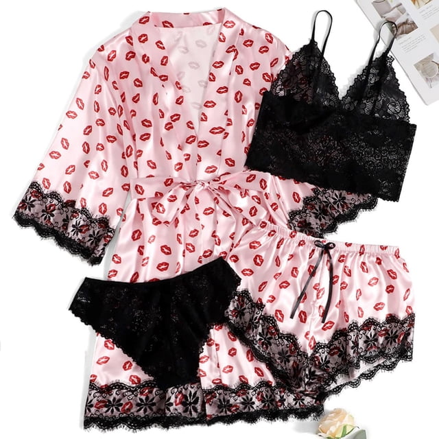 Batas de mujer de talla grande, lencería de seda, bata de baño de satén, conjunto de cuatro piezas, pijamas para dormir, pijamas para mujer
