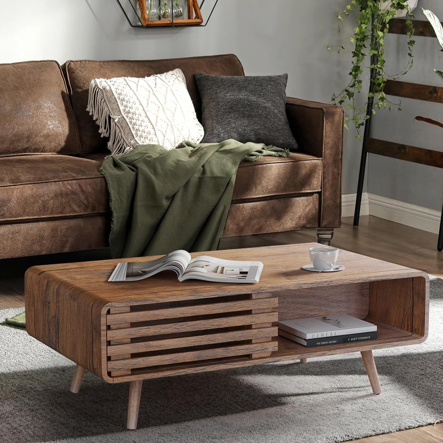 Woodty Farmhouse Wooden Storage Coffee Table, Hidden Compartment & Easy Assembly, Living Room & Home Office, Natural Finish