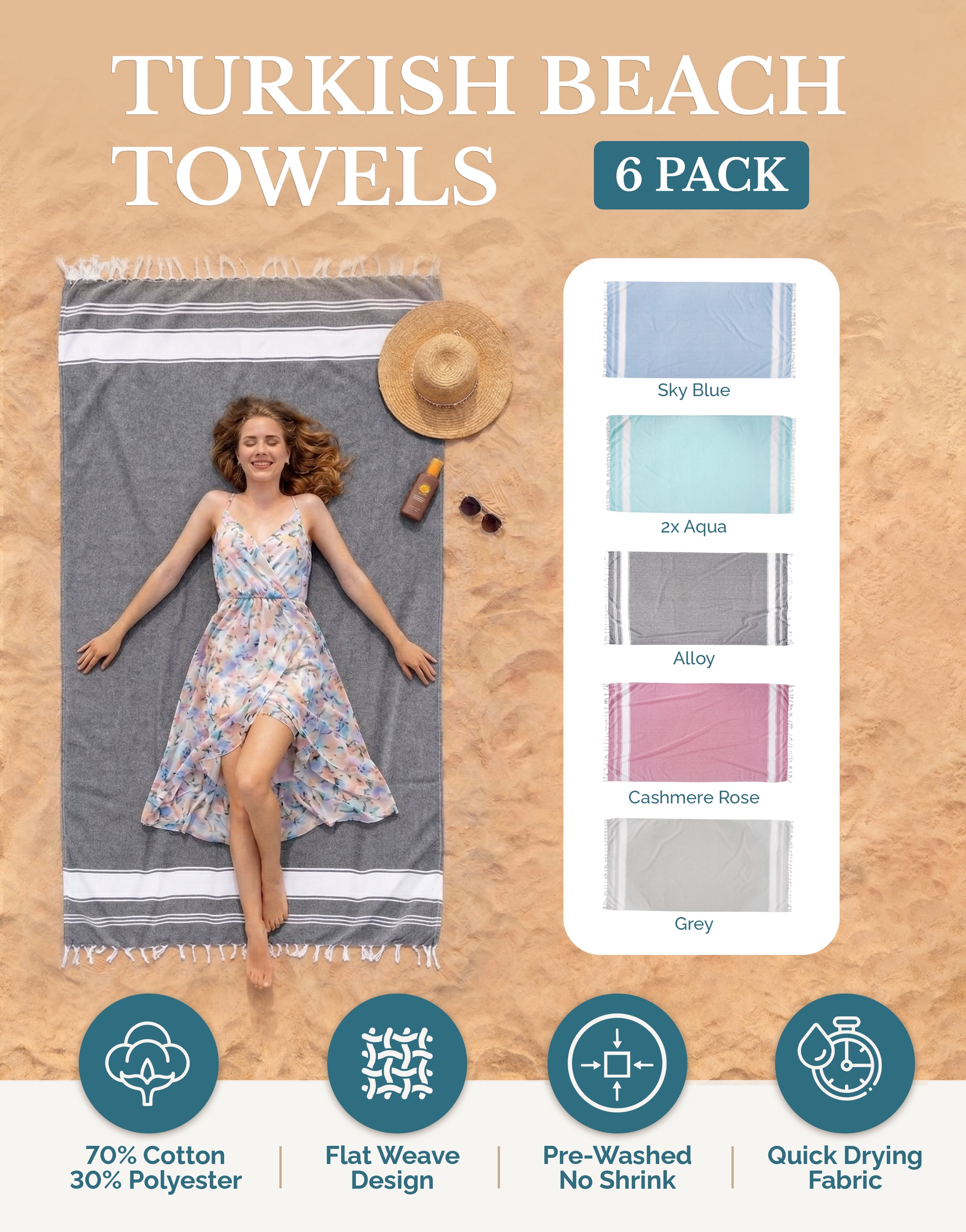 Casa Platino Hammam Beach Towels 6 Pack, Cotton Beach Towels for Adults, Oversized Lightweight Quick Dry Pool Towels for Beach Days – Nautical