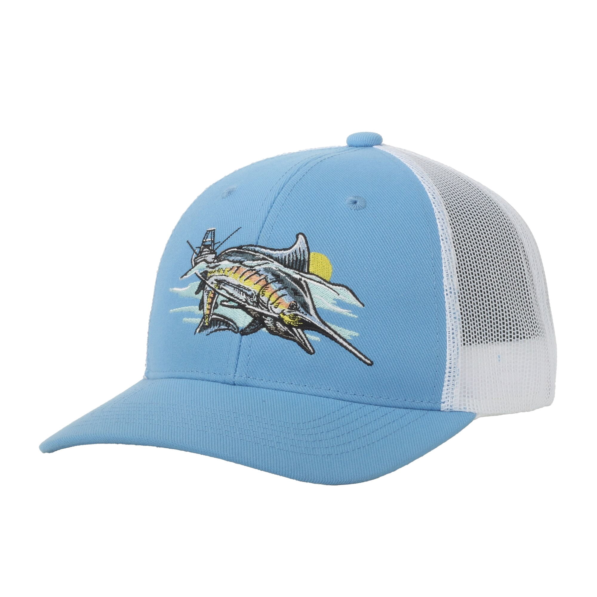 Blue/White Marlin 6-Panel Fishing Cap – Structured, Embroidered, Snapback, One Size