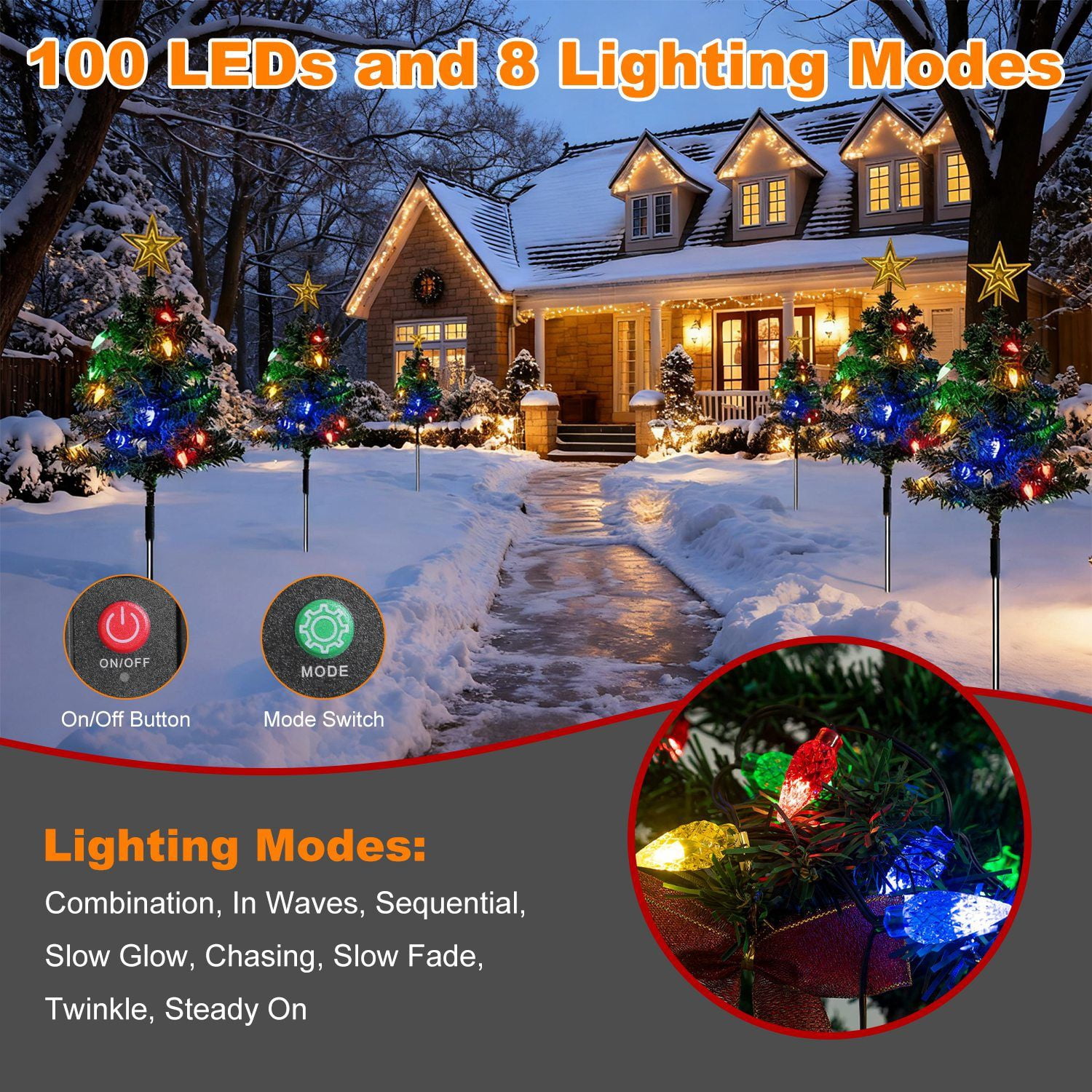 2 Pack Christmas Tree Lights Solar Powered, 37.4in 100 LEDs 8 Modes, IP44 Waterproof Holiday Decor & Perfect Gift