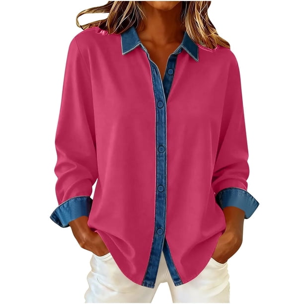 Camisas de retales de mezclilla for mujer, camisa con botones de solapa, blusa informal de negocios de manga larga con bloques de color sueltos